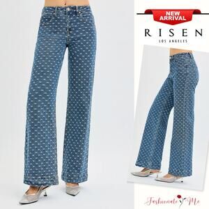 RISEN High Rise Bow Embroidered Details Zip Fly Dark Wash Wide Leg Denim Jeans
